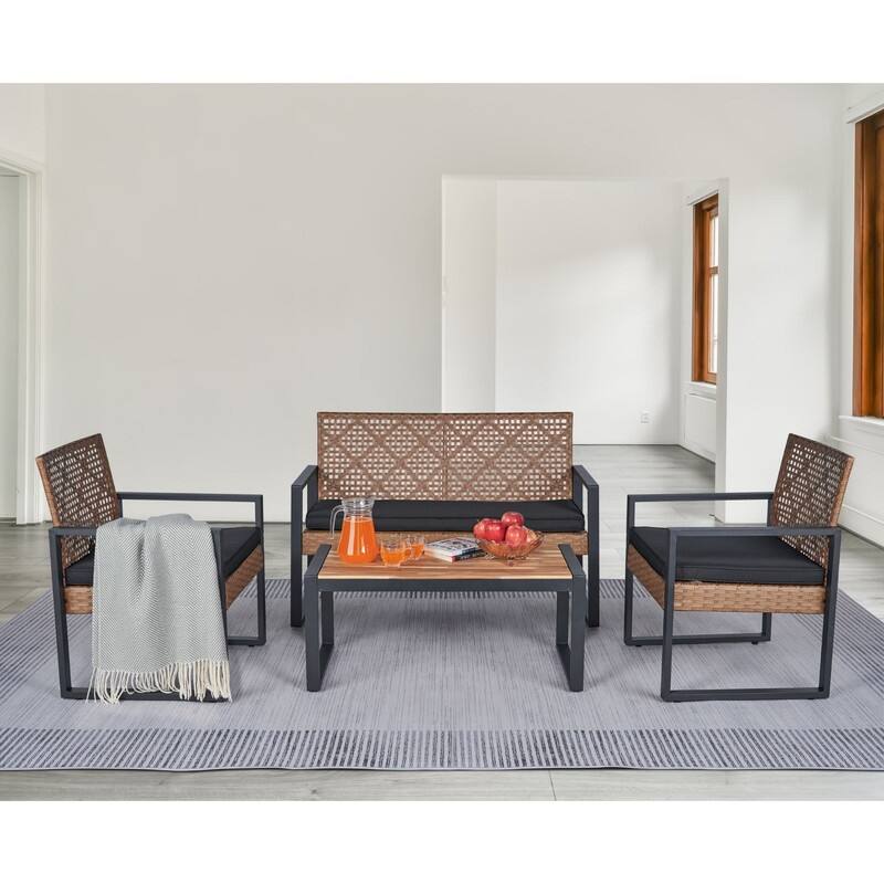 4-Piece Patio Furniture Set Outdoor Balcony Porch Garden Backyard Lawn Furniture Acacia Wood Table Top