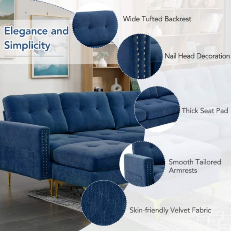 U-Shape Convertible Sectional Sofa with Movable Ottoman and Gold Metal Legs