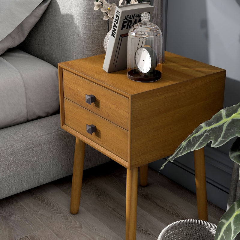 DH BASIC Mid-Century Modern Wood 2-Drawer Compact Nightstand Side Table by Denhour