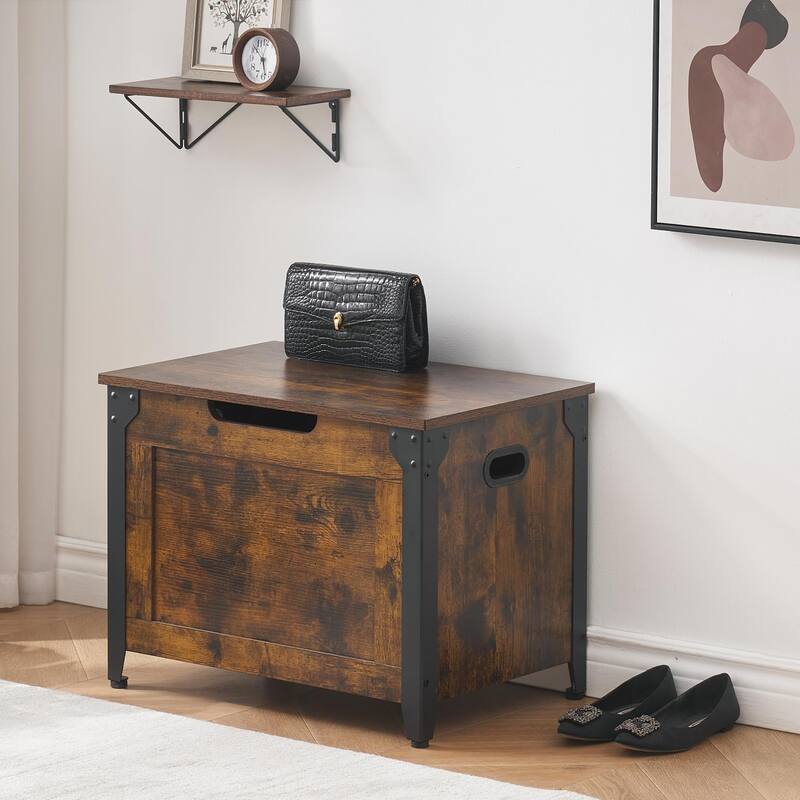 Farmhouse Brown Entryway Shoes Bench Lift-Top Wooden Storage Trunk - 15.7"D x 23.6"W x 18.1"H
