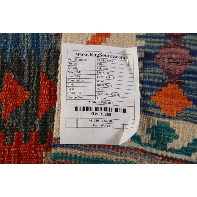 Reversible Kilim Area Rug Oriental Hand-Woven Wool Carpet - 9'11"x 13'0"