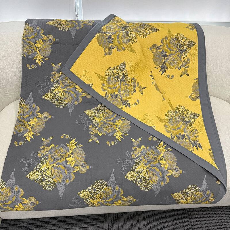 Floral Reverisible Cotton Throw Blanket Yellow & Gray