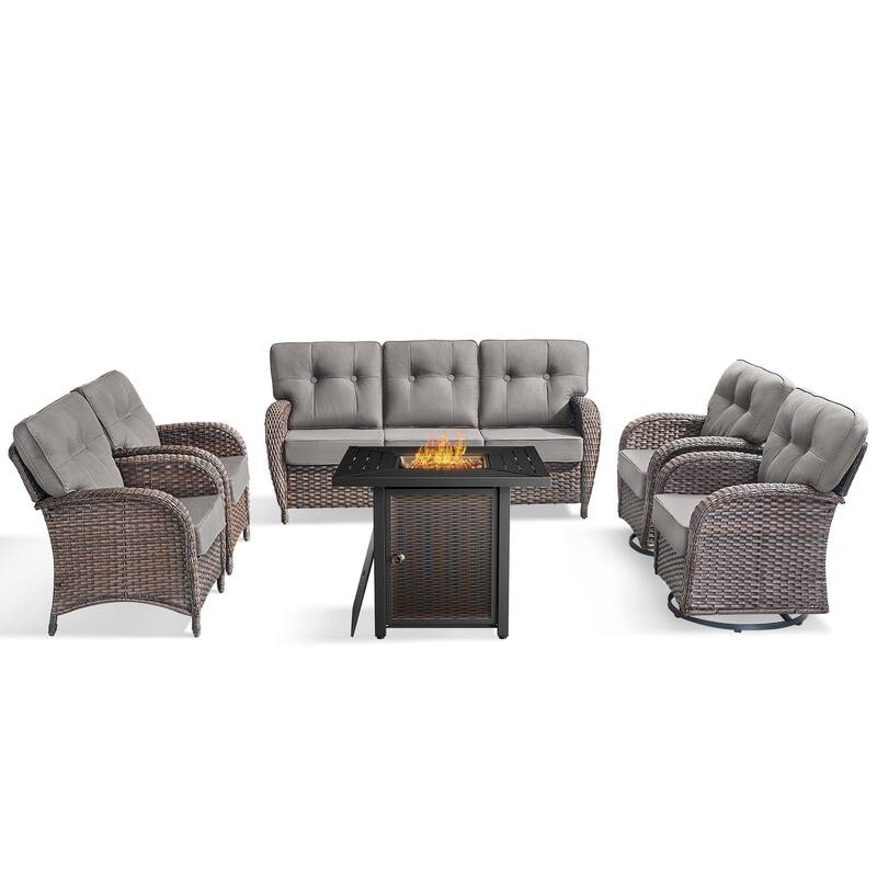 Pocassy Outdoor 30 In Fire Table with Sofa Patio Swivel Chair Set