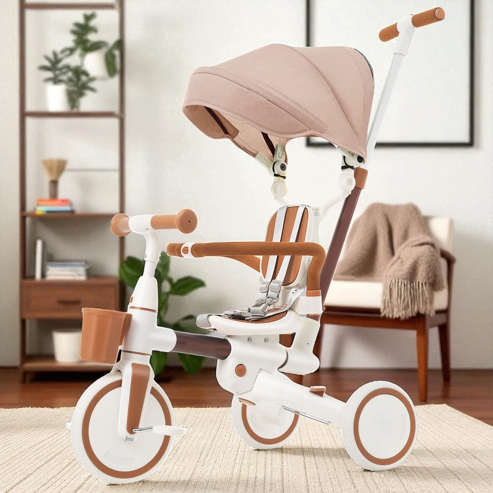 7-in-1 Baby Tricycle with Rotating Seat, Toddler Push Trike with Adjustable Handle, Canopy & Guardrail, Ages 18-72 Months