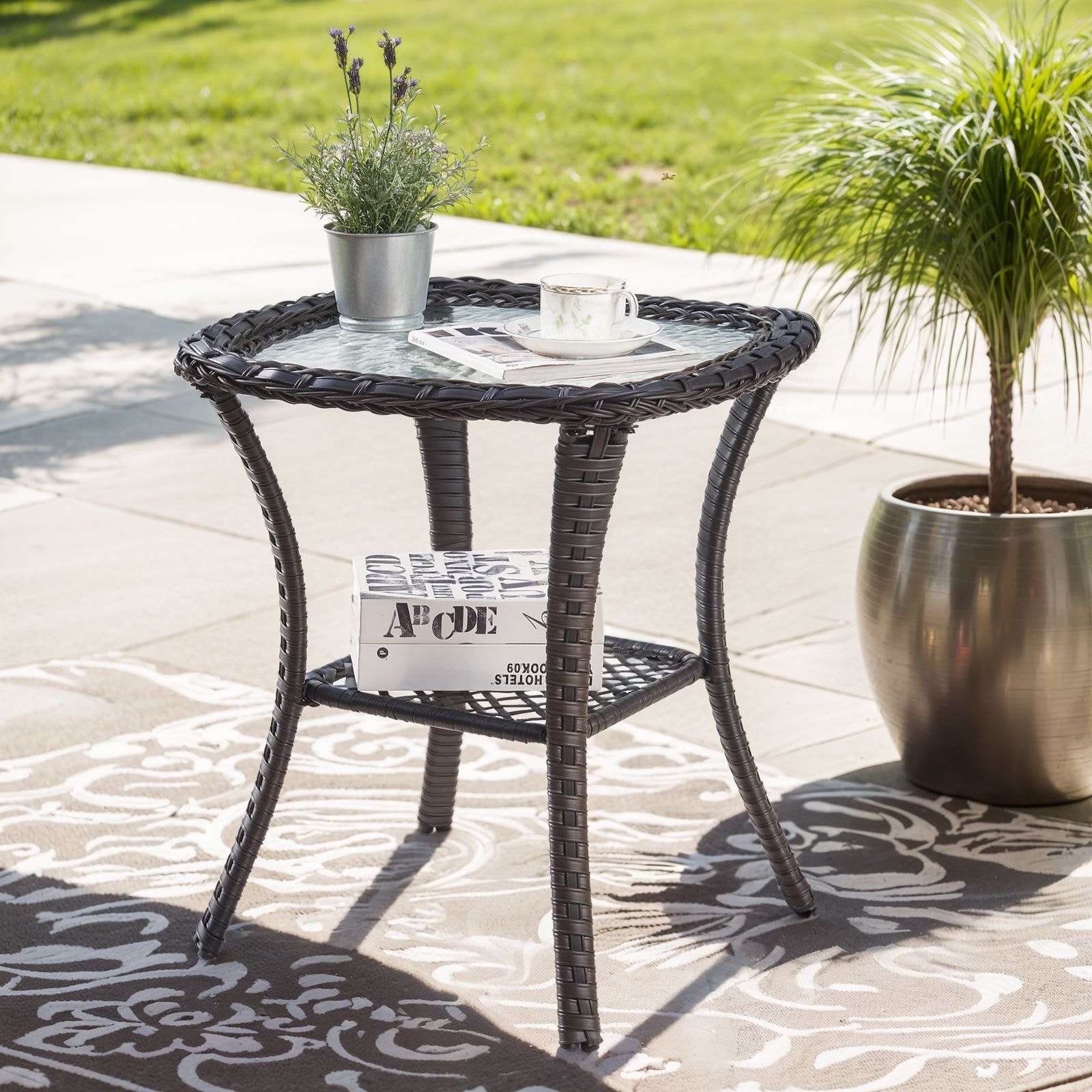 Patio Rattan Wicker Coffee Table with Tempered Glass Top