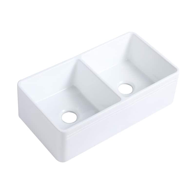 Double Bowl Farmhouse Kitchen Sink 33" Undermount Reversible Sink White Rectangular Double Basin with Drains Renovators Supply