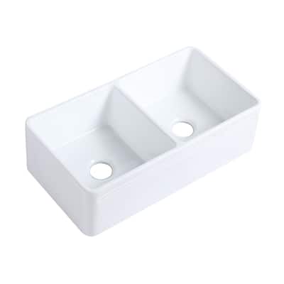 Double Bowl Farmhouse Kitchen Sink 33" Undermount Reversible Sink White Rectangular Double Basin with Drains Renovators Supply