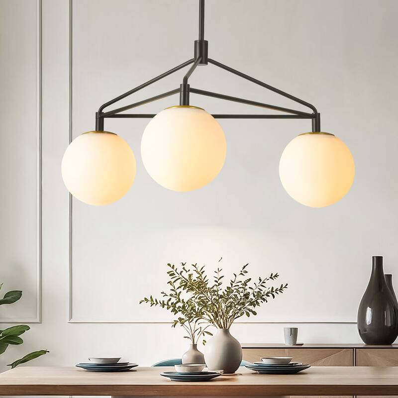 3-Light 30.7" W Modern Black Geometric Framework Design Metal Opal Bubble Glass Globe Chandelier for Bedroom, Living Room