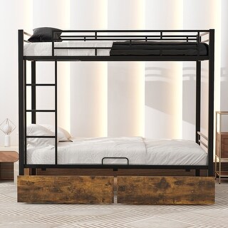 Black Metal Twin Bunk Bed with Drawers, Ladder and Guardrails