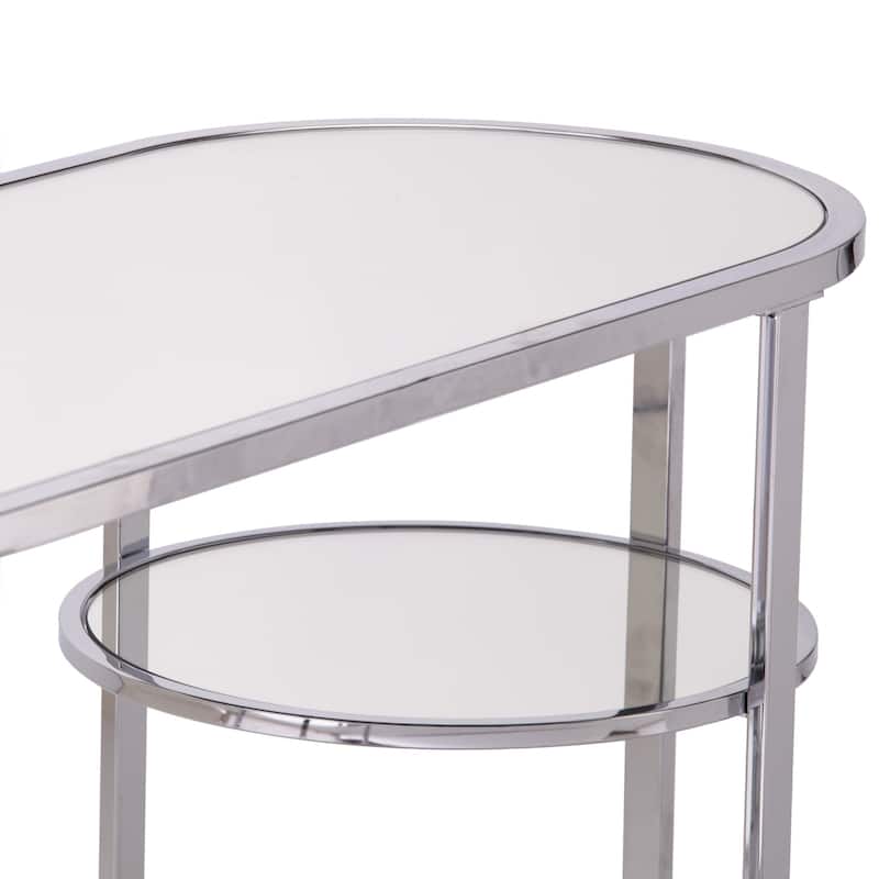 Silver Glass Mirrored Oval Console Table with Shelves and Iron Cross Legs - 42" L x 16.5" W x 29.75" H