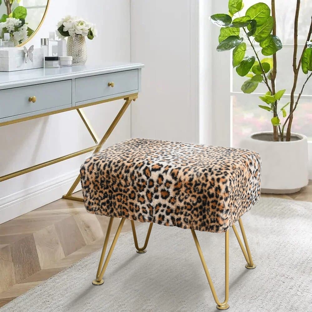 Home Soft Things Leopard Fauxfur Ottoman with Gold Metal Legs