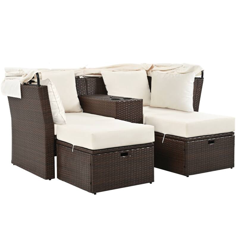 Convertible Outdoor Patio Daybed Loveseat Sofa Set with Retractable Canopy and Central Console