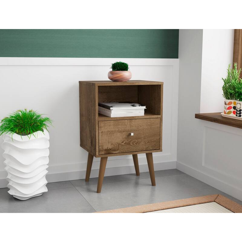Rustic Brown 1-Drawer Nightstand with Open Cubby and Metal Handle