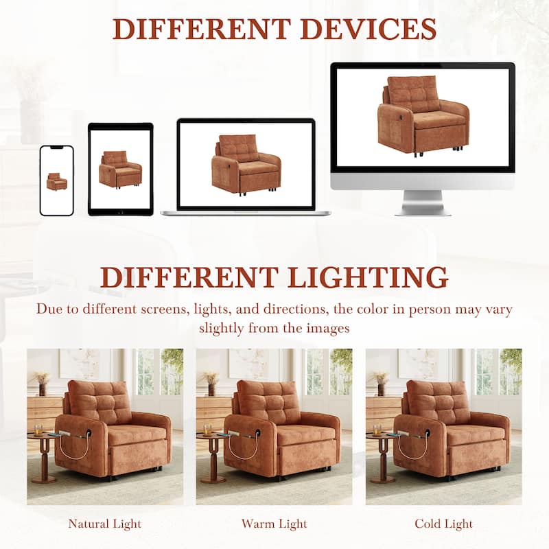 3-in-1 Chenille Accent Chair Convertible Sleeper Sofa Bed, 80" Extra Long Pull-out Chair Bed with USB and Type-C Ports