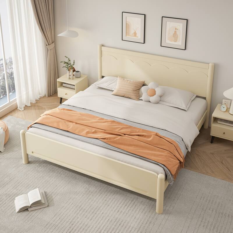 King Size Wood Platform Bed Frame with Headboard and Wooden Slat Support - Cream