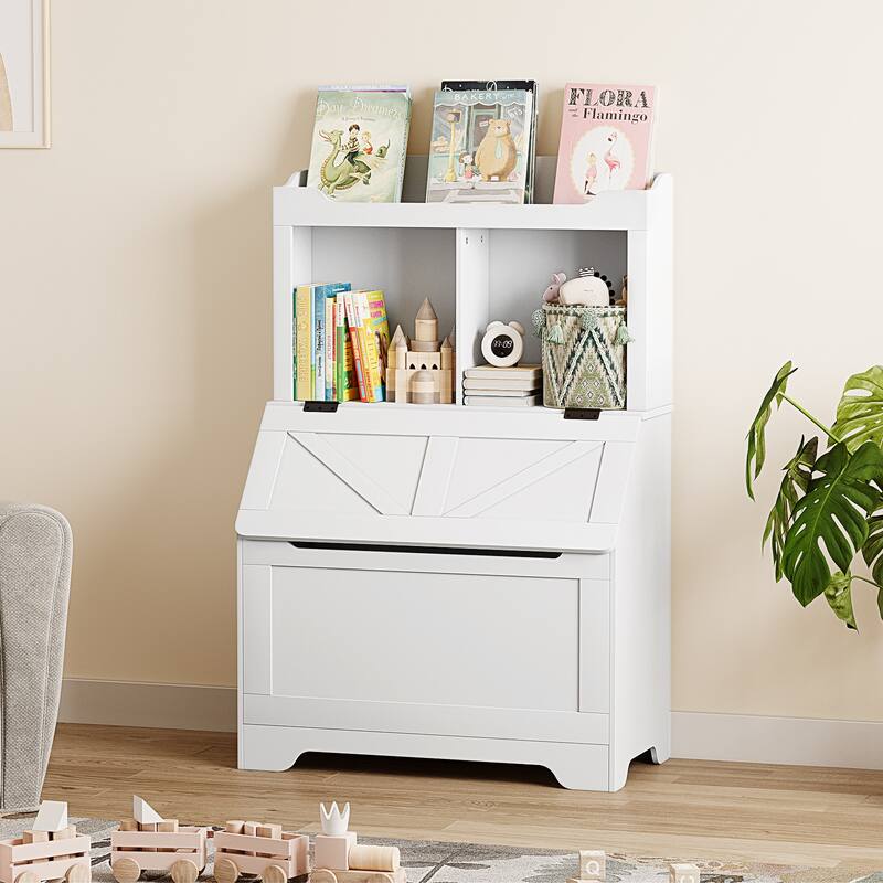 Kids Bookshelf, Toy Storage Organizer with Flip-Top Lid and Cubby - White