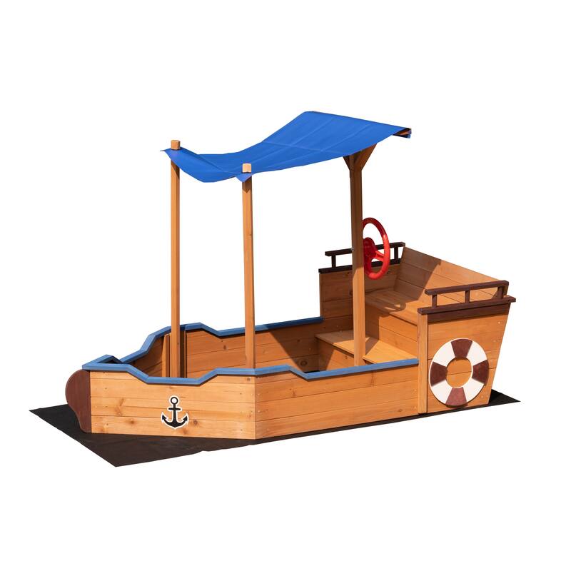 Outsunny Pirate Ship Sandbox with Cover and Rudder, Wooden Sandbox with Storage Bench and Seat, Outdoor Toy for 3-8 Years Old