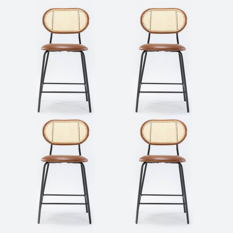 Metal Frame Rattan Counter Height Bar Stools With Faux Leather Seat (set of 4)