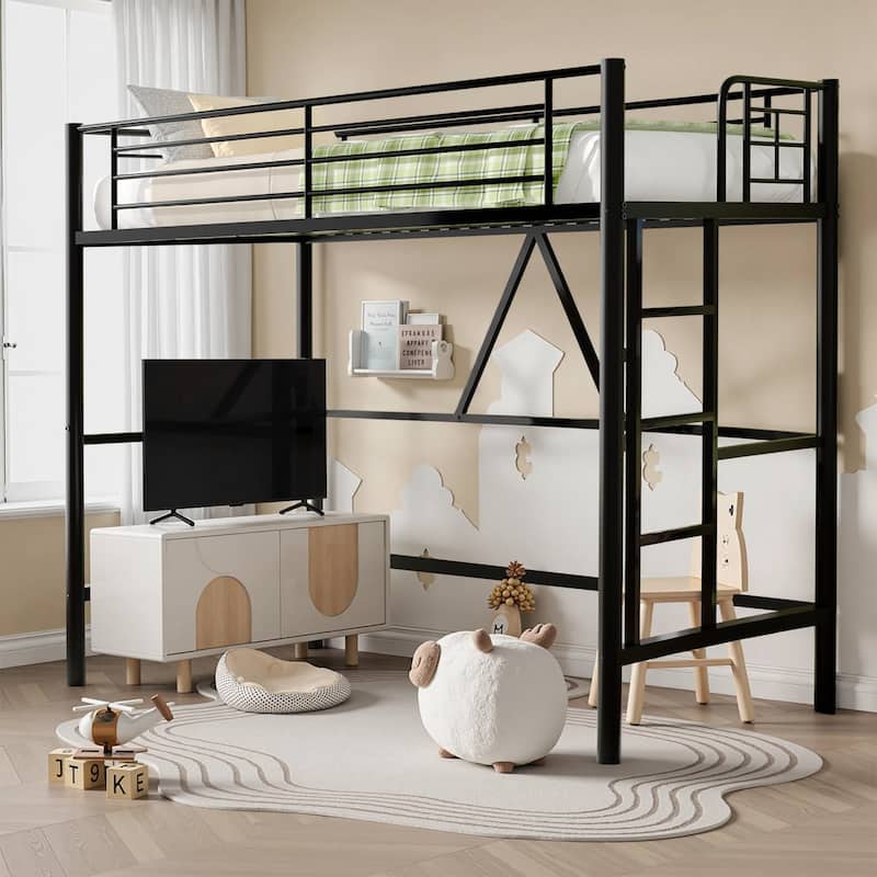Twin Kids Loft Metal Bed with Reversible Stairs 400lb Capacity Space Saving Under Bed Study Play Area - Black