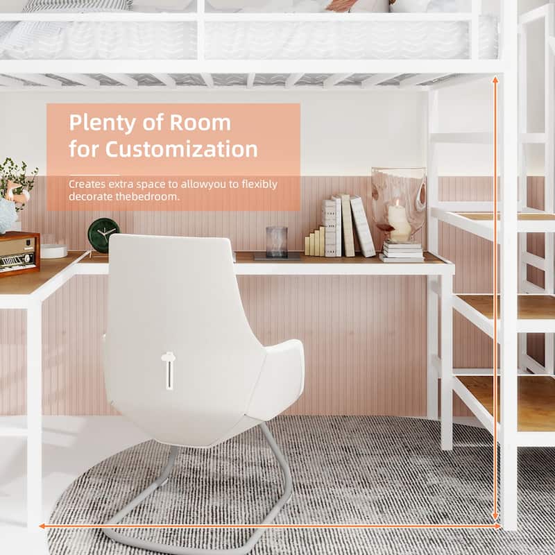 Twin Metal Loft Bed with L-Shaped Desk, Storage Stairs, 360掳 Guardrails, Shelves & Pegboard, Space-Saving Design