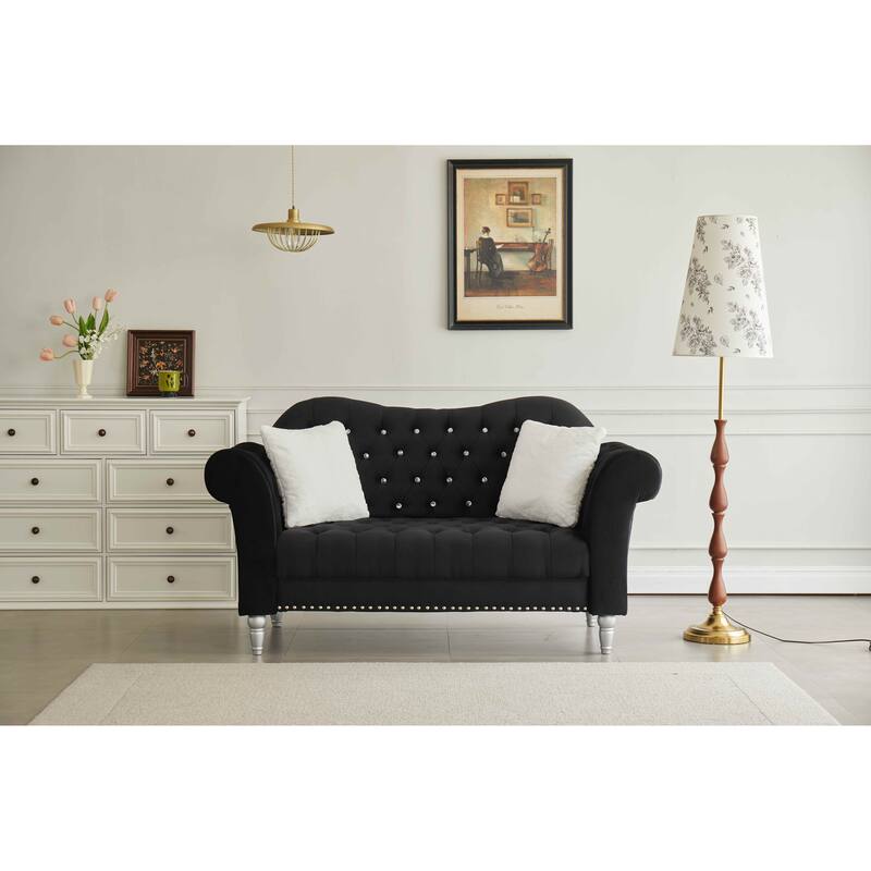 Velvet Rolled Arm Chesterfield Loveseat - Black