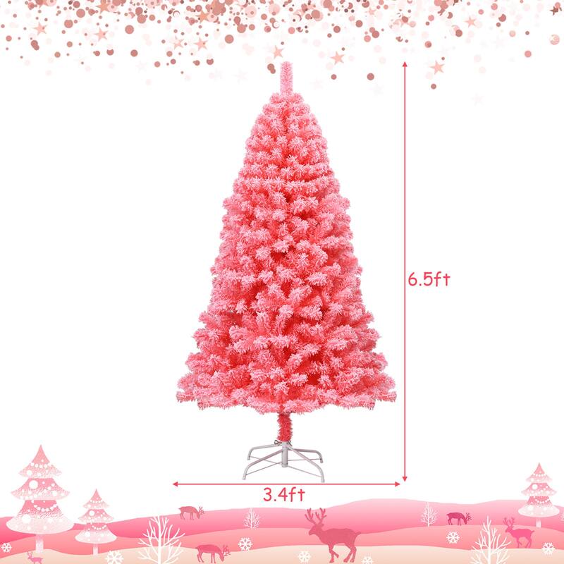 Gymax 4.5/6.5/7.5 FT Artificial Snow Flocked Pink Christmas Tree Unlit - See details