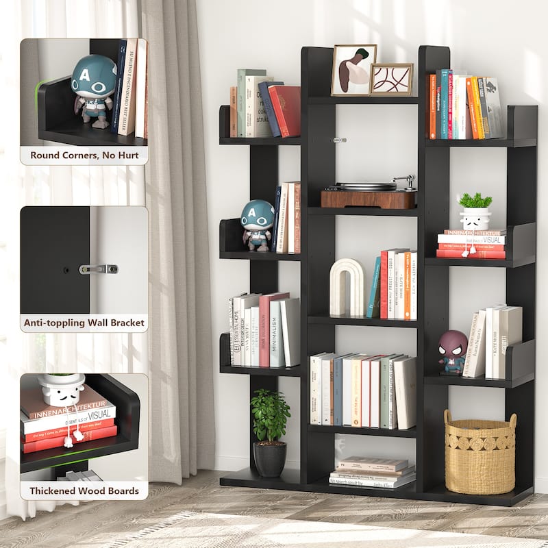 Industrial Wood Bookshelves with 13 compartments,Tree-Shaped Bookcase,Books Organizer Display Shelves