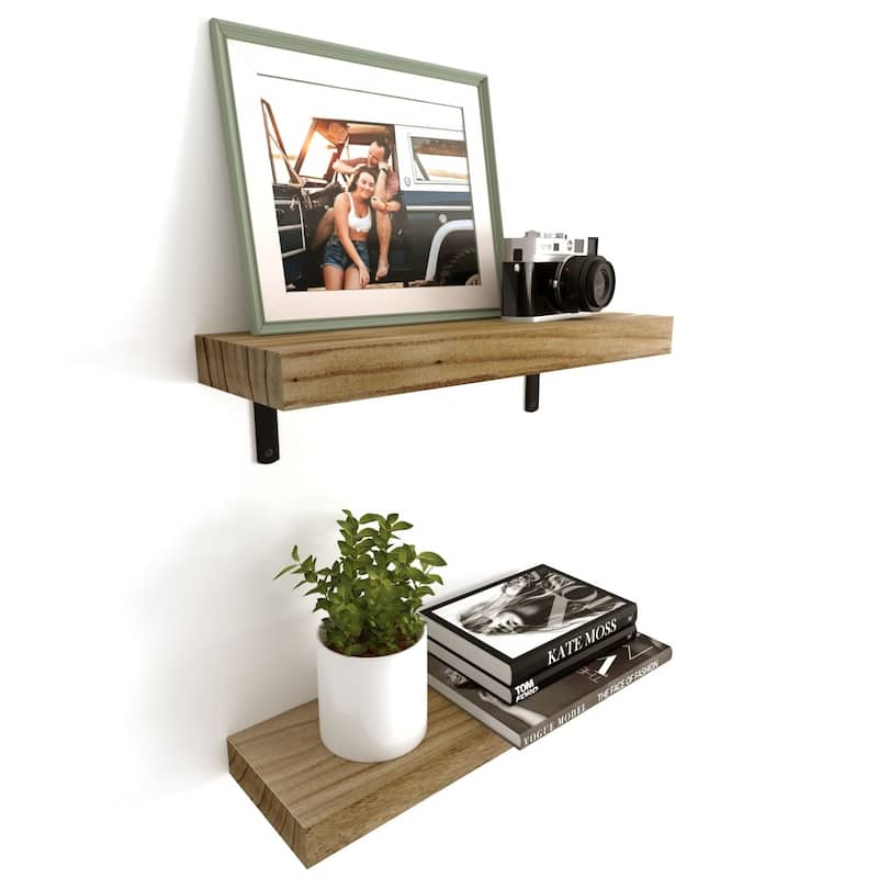 Wallniture Palma 17" Floating Wood Shelves, Natural Burned, Set of 2