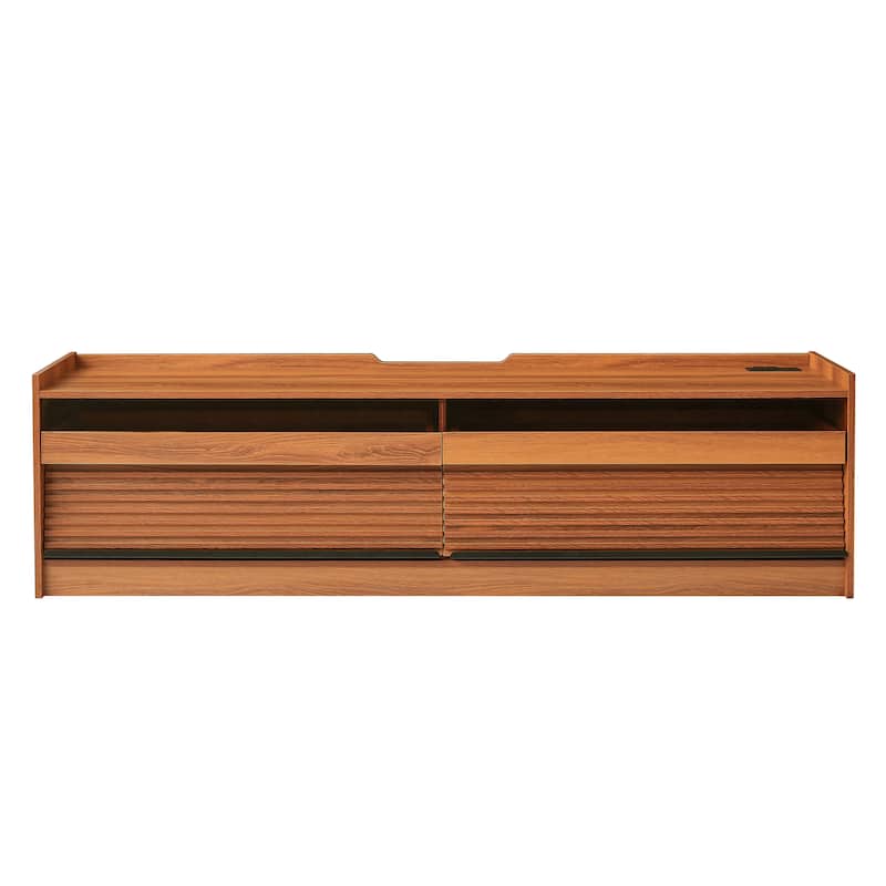 Roomfitters Modern TV Stand with 4 Drawers, Tempered Glass, Charging Ports and Ambient Lighting, Ample Storage