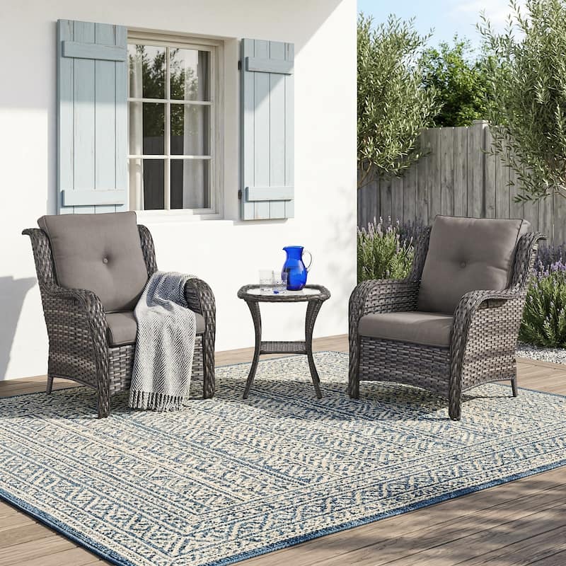 Pocassy Outdoor Patio Wciker Sofa Furniture Set of Chair Table. - Gray Wicker with Gray Cushion - 3-Pieces Patio Chair with Side Table Set