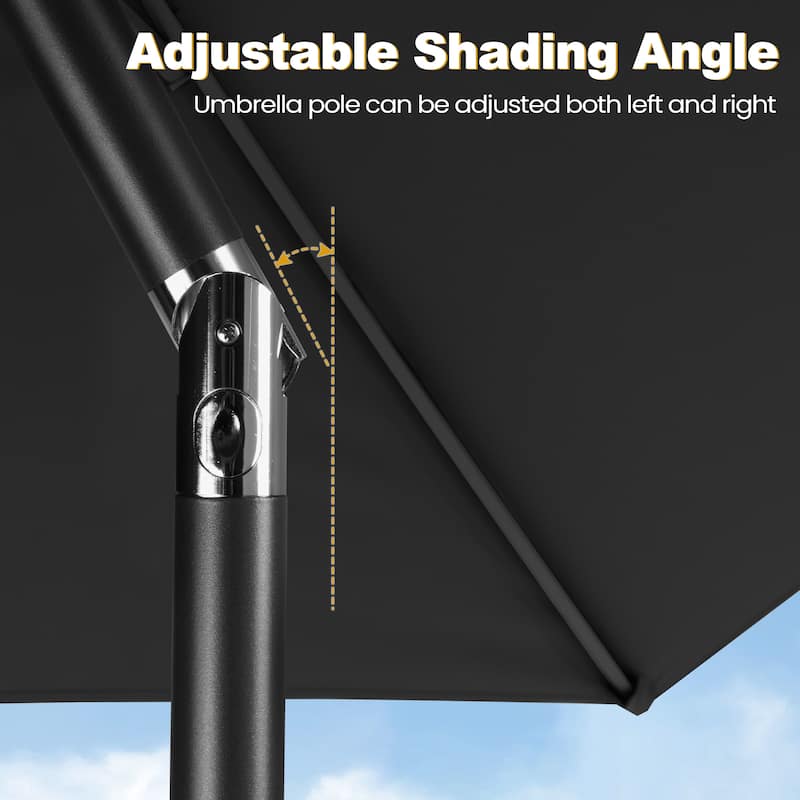 9PC Outdoor Patio Dining Set Wood-Like Aluminum Umbrella Hole Table with Folding Chairs,Double Top Market Umbrella and Base