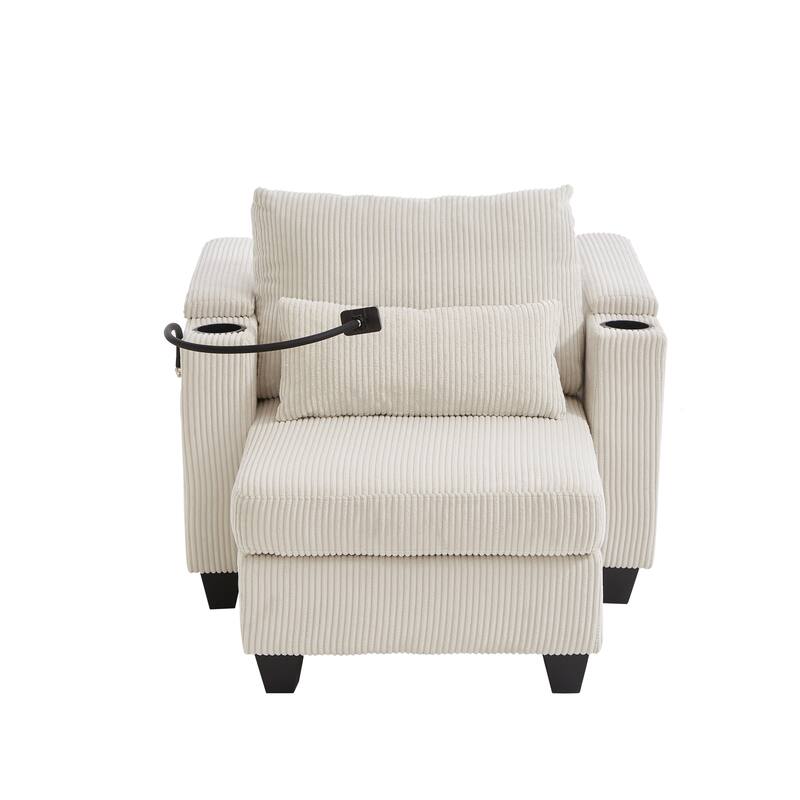 Convertible Sleeper Sofa Chaise Lounge with Movable Backrest, Corduroy Reading Chair with USB Ports, Cup Holders & Phone Holder