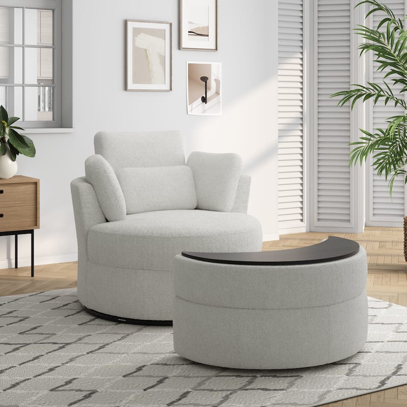Upholstered Swivel Accent Chair with Wooden Tray Storage Ottoman