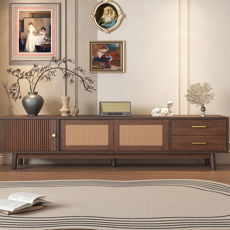 80" Mid Century TV Stand - Rattan Doors, Storage Drawers, Waterproof