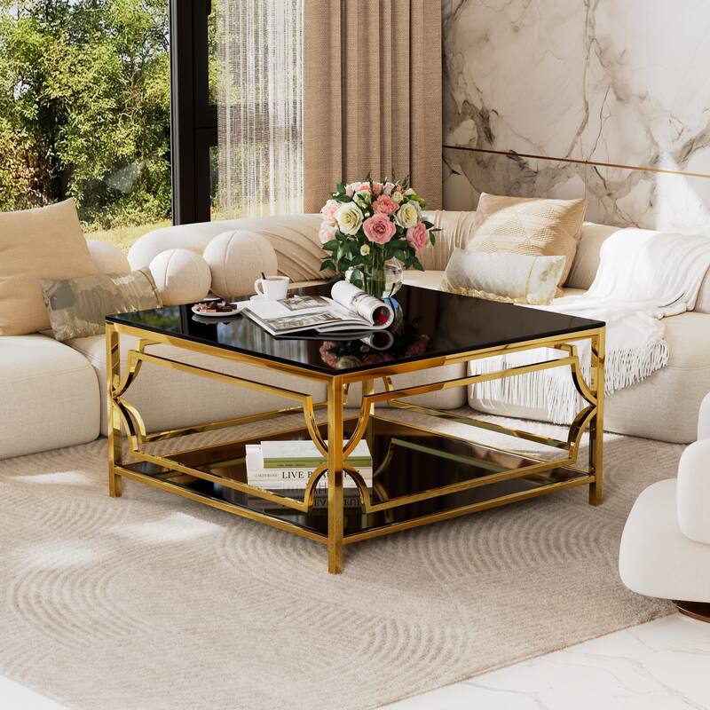 Roomfitters Square Glass Coffee Table with Gold Metal Frame, Black Top, Geometric Design & Lower Shelf, 33.5"