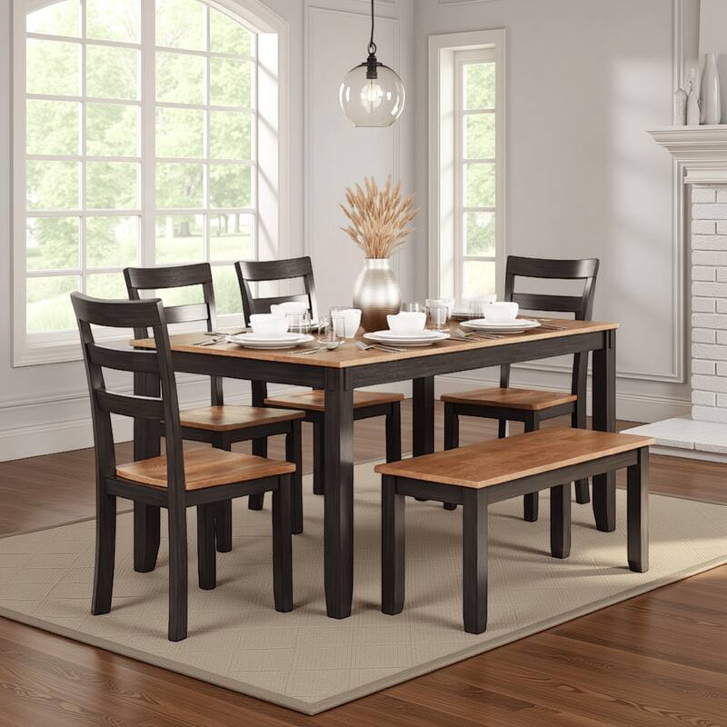 Gasy Dining Table Set with 4 Ladderback Chairs and 1 Bench, Dark Brown