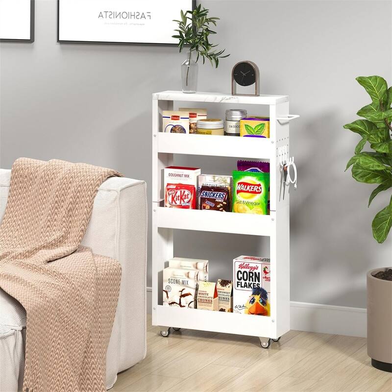Storage Cart 5 in Width 4Tier White Rolling Cart with Handle
