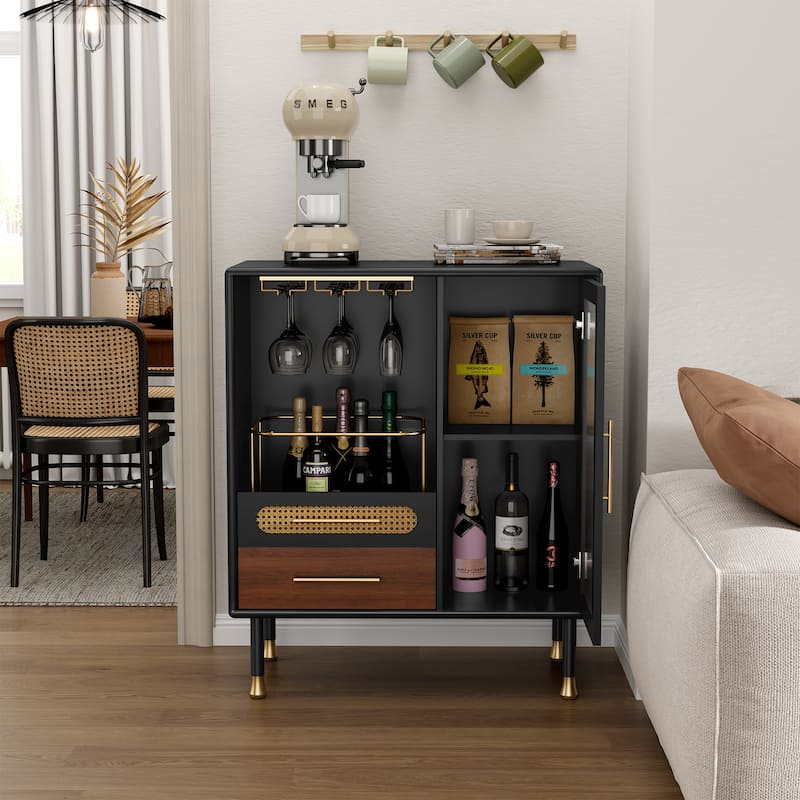 Modern Coffee Bar Cabinet with Wine Glass Rack and Storage Drawer