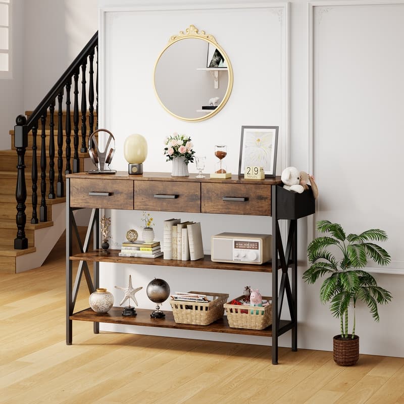 47" Console Table with 3 Tier Storage Shelves, Industrial Entryway Table with 3 Drawers