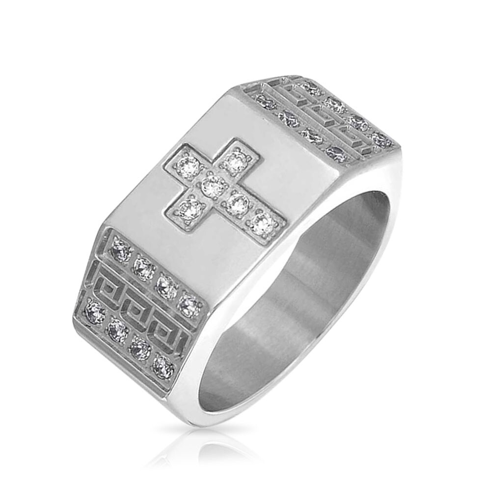 Stainless Steel 2 Color Greek Key Cushion Biker Ring