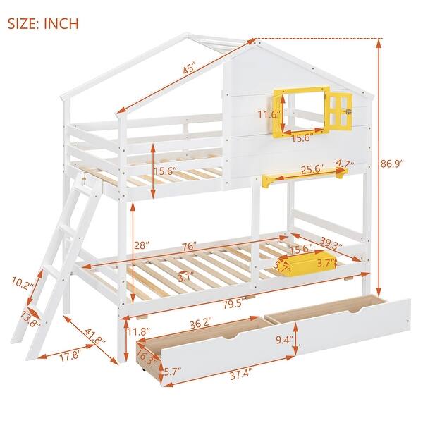 White Twin over Twin Size Solid Wood Bunk Bed with 2 Drawers, 1 Storage Box, 1 Shelf, Window and Roof