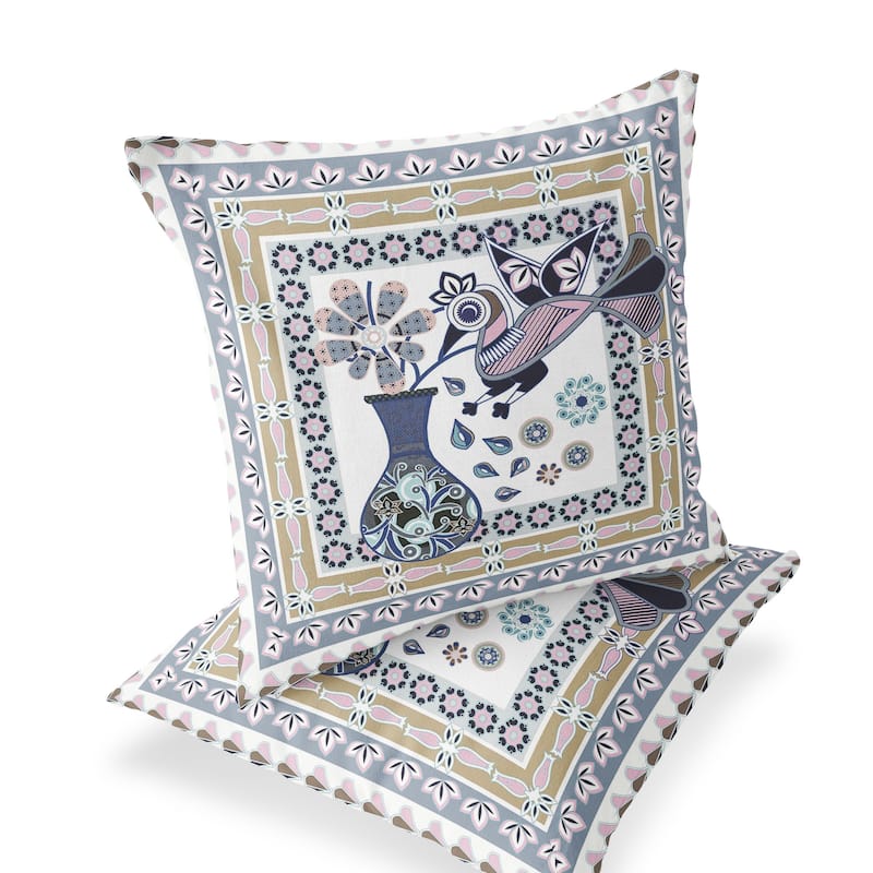 HomeRoots Set of Two 16" X 16" Beige and White Peacock Blown Seam Floral Indoor Outdoor Throw Pillow - 16.00' X '16.00' X '5.00