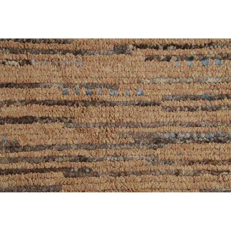 Brown Striped Moroccan Modern Area Rug Hand-Knotted Wool Carpet - 8'9"x 13'0"