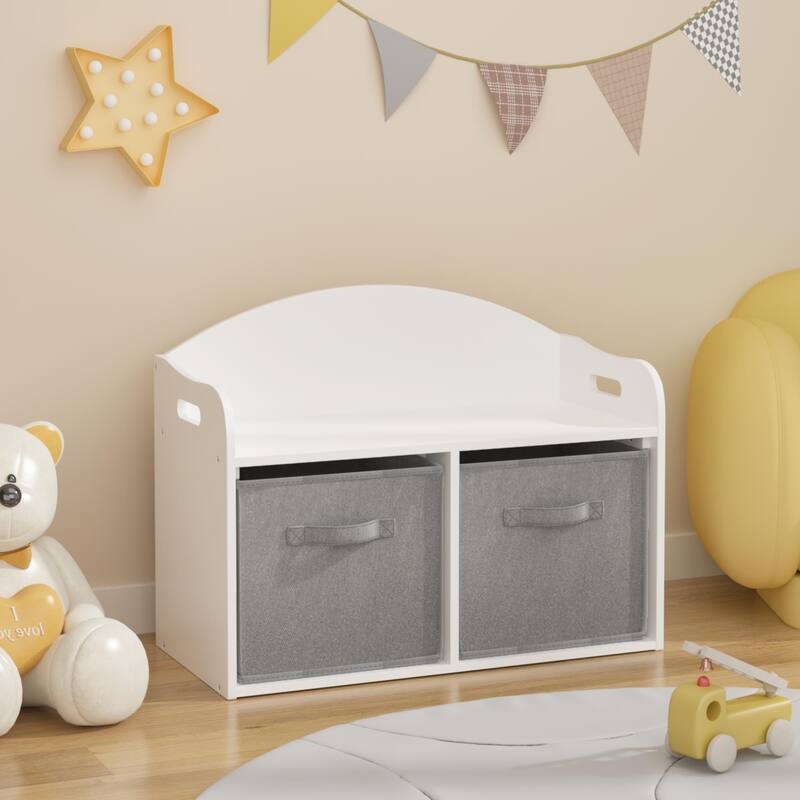 Anmytek White Storage Bench with Fabric Bins Kids Toy Organizer Entryway Seating - White
