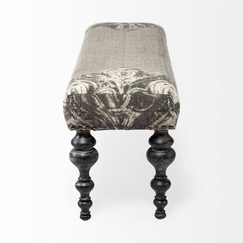 HomeRoots 55" Gray and Black Upholstered Cotton Blend Floral Distressed Bench - 55