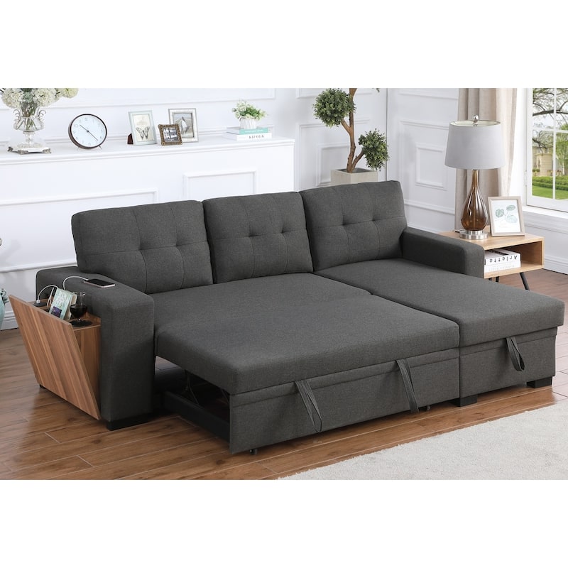 Linen L-Shaped Convertible Sectional Sofa Bed with Storage and Wooden Accent - Dark Grey