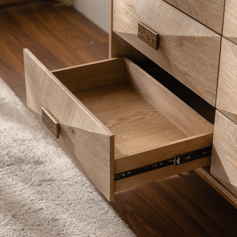 Modern Sideboard Console Table 6-Drawer Dresser for Bedroom, Natural Wood Chest of Drawers with Metal Legs