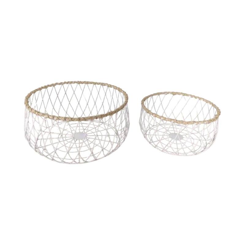 Set Of 2 Round White Metal With Paper Mache Trim Baskets
