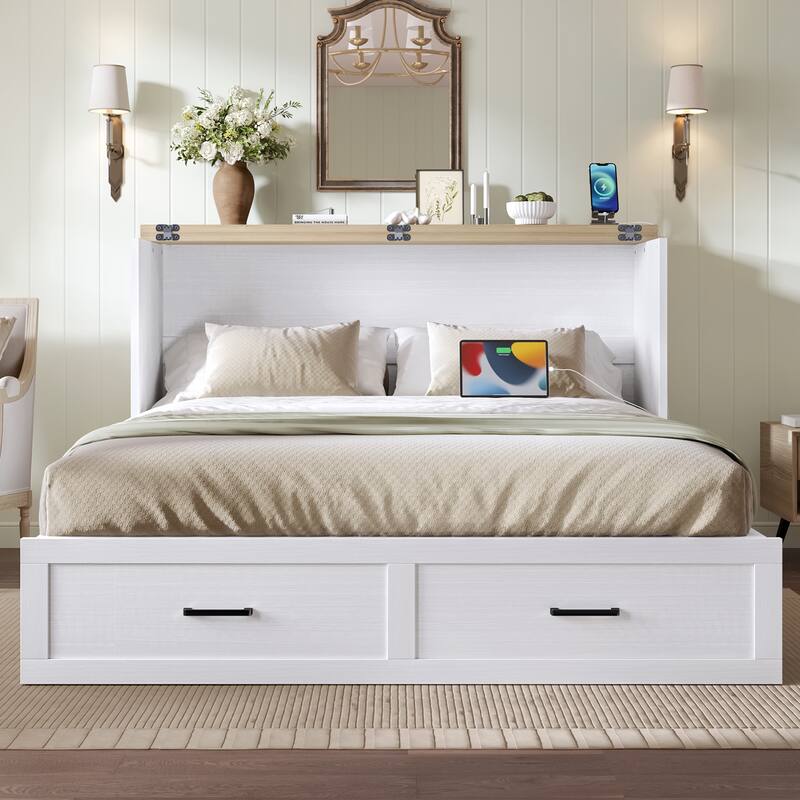 Full / Queen Murphy Bed Cabinet with Built in Charging Station Storage Drawer