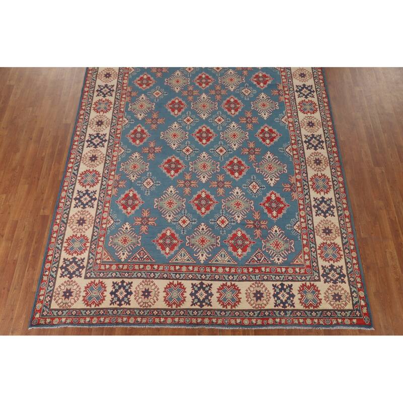 Blue Geometric Kazak Area Rug Handmade Traditional Wool Carpet - 8'2" x 11'6"